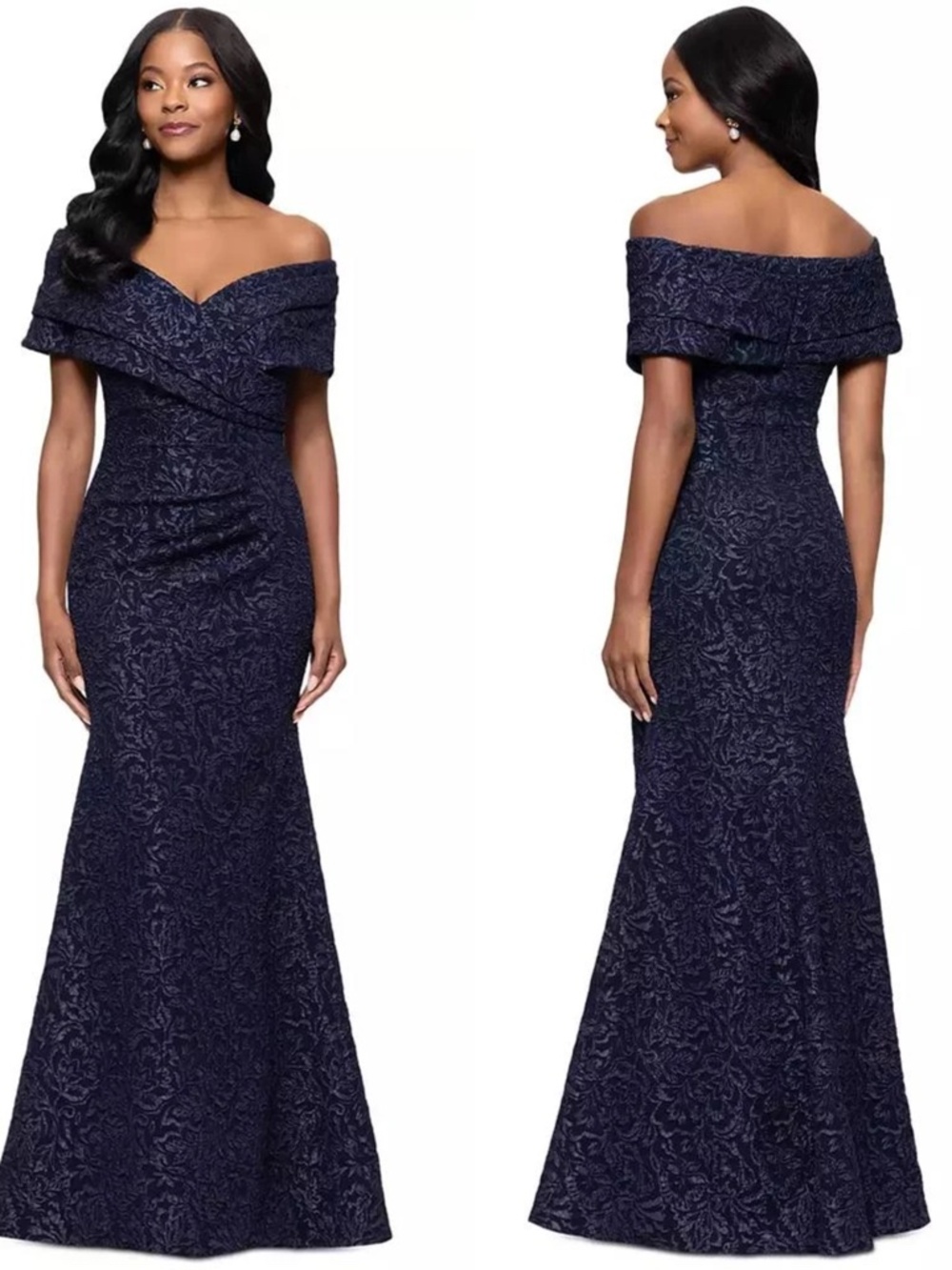 NEW Betsy & Adam NAVY Jacquard Pleated OFF THE SHOULDER Brocade EVENING GOWN